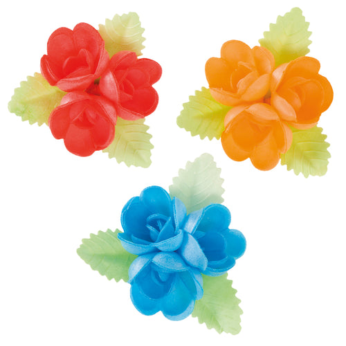 30 FIORI OBLEA COLORI ASSORTITI FOGLI VERDI 6,5 x 6,5 CM 30pezzi